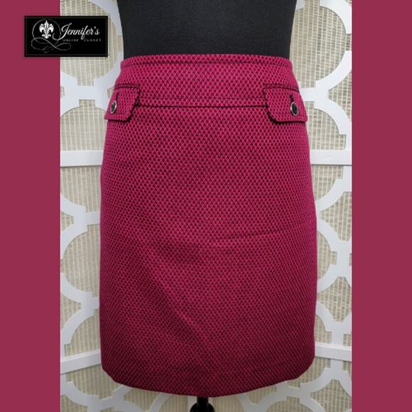 LOFT Magenta and Black Button Flap Pocket Diamond Tweed Pencil Skirt Size 10 - Picture 1 of 7
